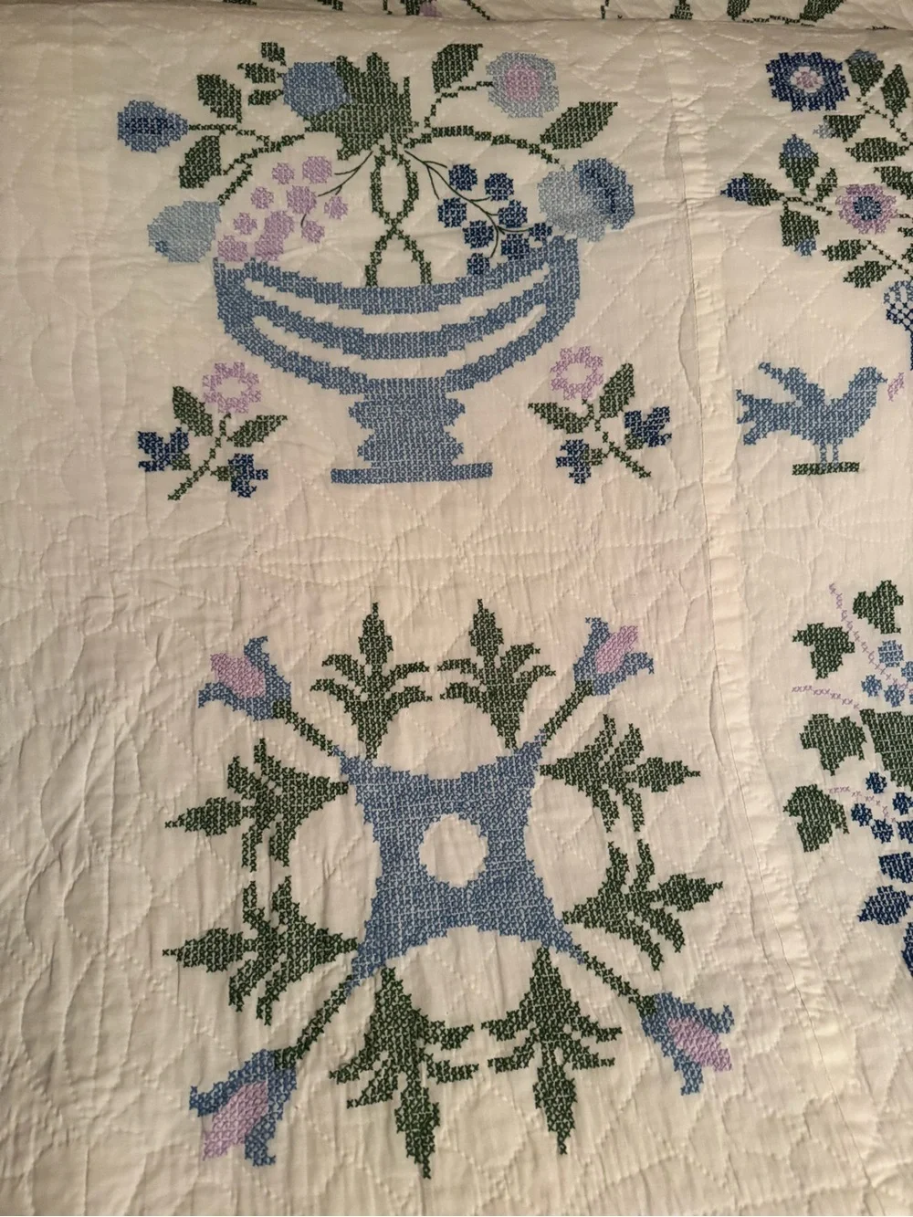 Handmade Cross Stitch Queen Quilt - Baltimore Album Sampler Cottagecore